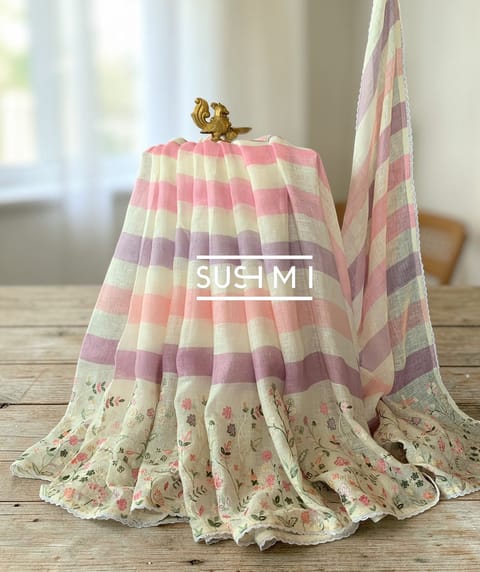 Stripe Printed Pure Lenin with Embroidered Skirt Border