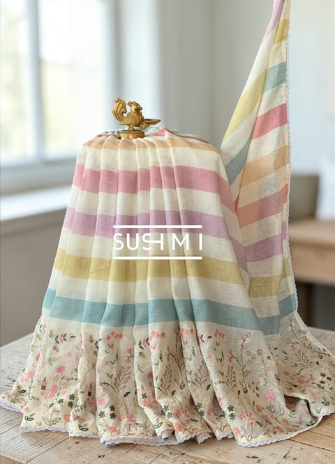Stripe Printed Lenin with Embroidered Skirt Border
