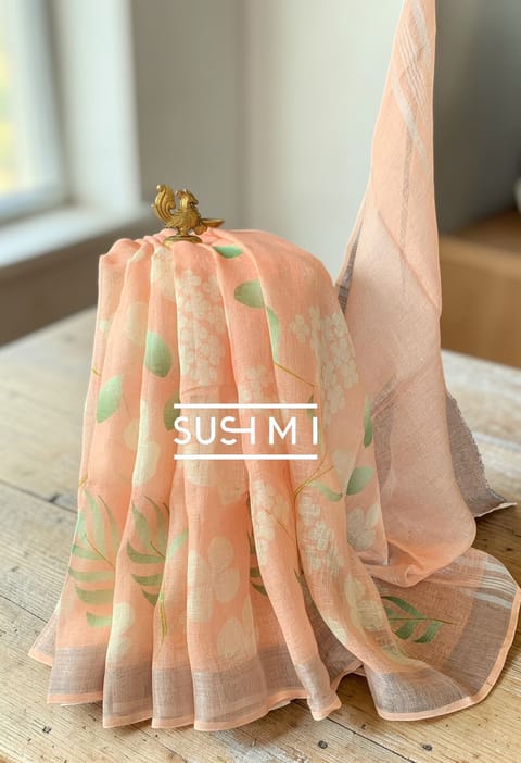 Peach Floral Printed Pure Lenin Saree