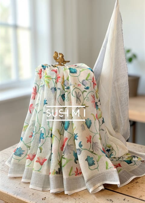 White Linen Saree with Floral Embroidery