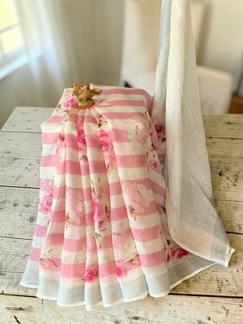 Peach Pink Floral Linen Saree with Tissue Border