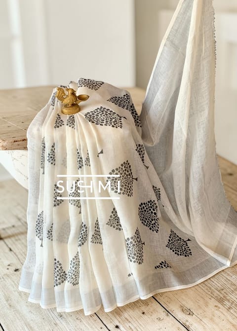 Black and White Tree Print Linen Saree