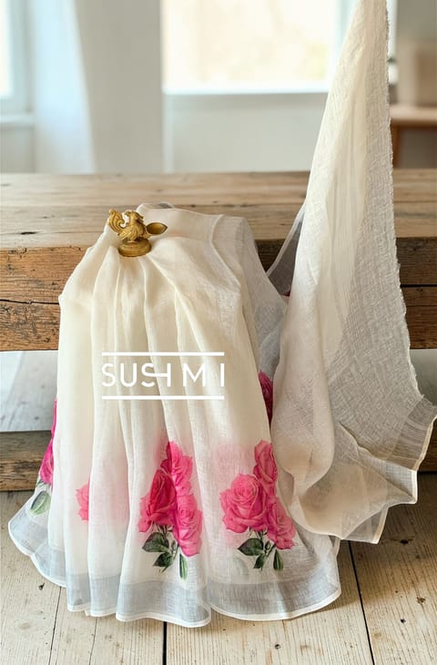 White Floral Linen Saree with Tissue Border