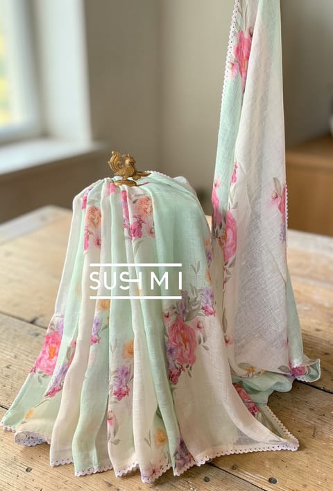 Sea Green Ombre Floral Linen Saree