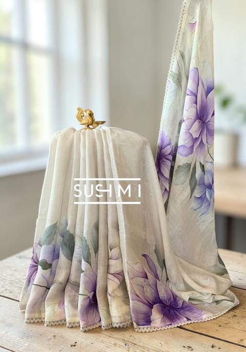 Dusty Tone Floral Linen Saree with Crochet Lace