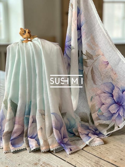 Powder Blue Floral Linen Saree with Crochet Lace