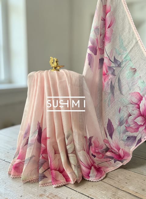 Pastel Pink Floral Linen Saree with Crochet Lace