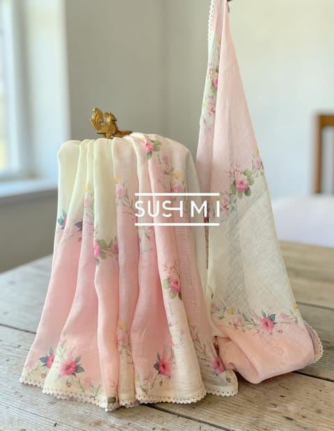Baby Pink Ombre Linen Saree with Floral Print