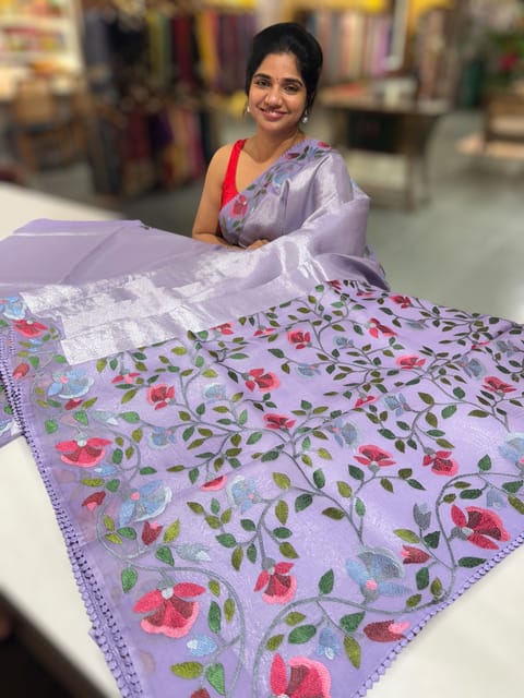 Lilac Kora Tissue Saree with Paithani Inspired Embroidery