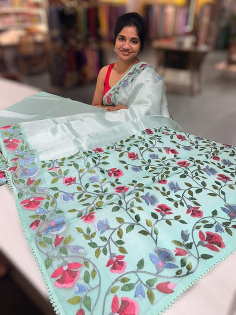Mint Kora Tissue Saree with Paithani Inspired Embroidery