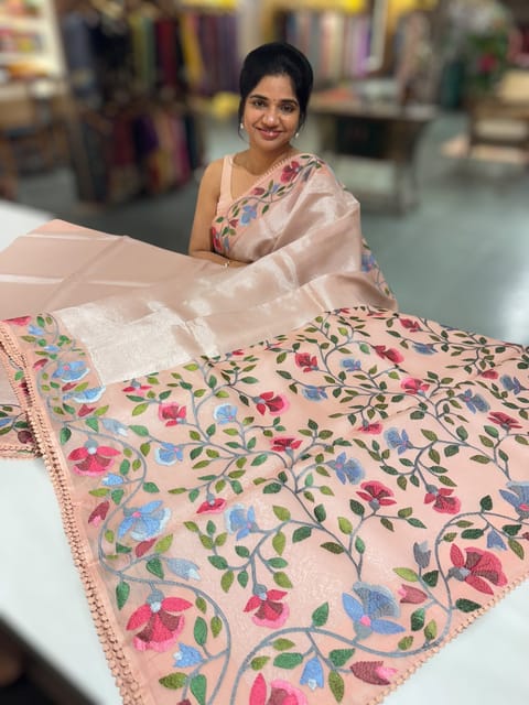 Peach Pink Kora Tissue Saree with Paithani Inspired Embroidery