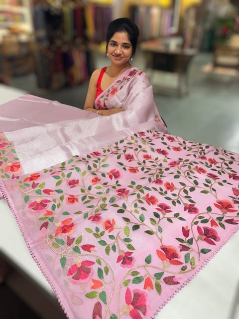 Lilac Pink Kora Tissue Saree with Paithani Inspired Embroidery