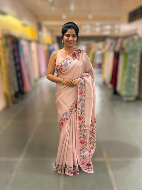 Pastel Pink Kora Tissue Saree with Paithani Inspired Embroidery