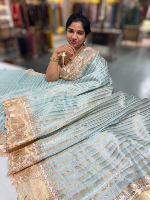 Pastel Blue Mul Tissue Stripes Saree with Tissue Cutwork Border & Blouse