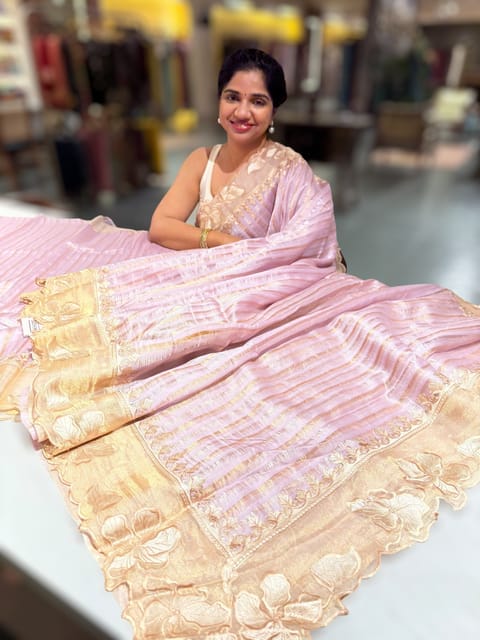 Lilac Mul Tissue Stripes Saree with Tissue Cutwork Border & Blouse