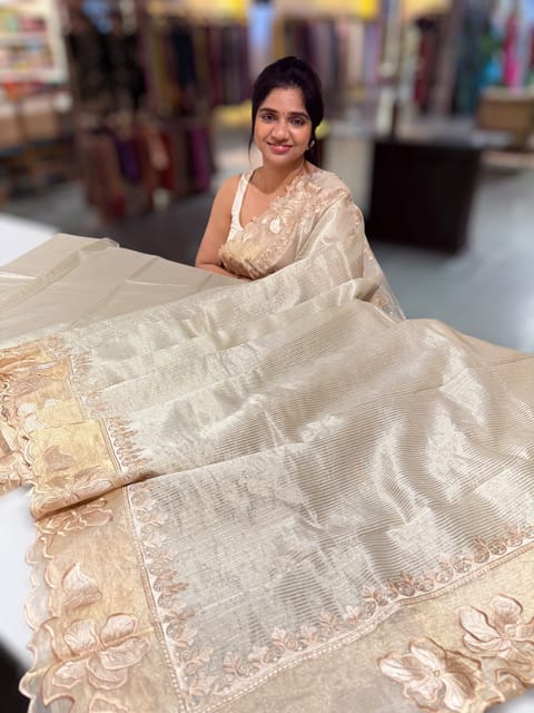 Earthy Tone Mul Tissue Stripes Saree with Tissue Cutwork Border & Blouse