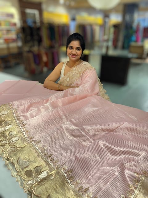 Pastel Pink Mul Tissue Stripes Saree with Tissue Cutwork Border & Blouse