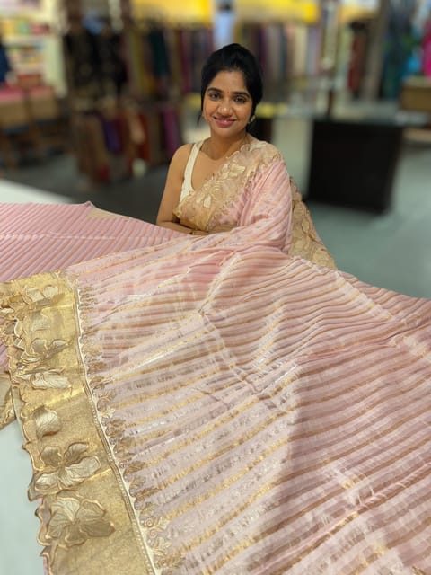 Lilac Pink Mul Tissue Stripes Saree with Tissue Cutwork Border & Blouse