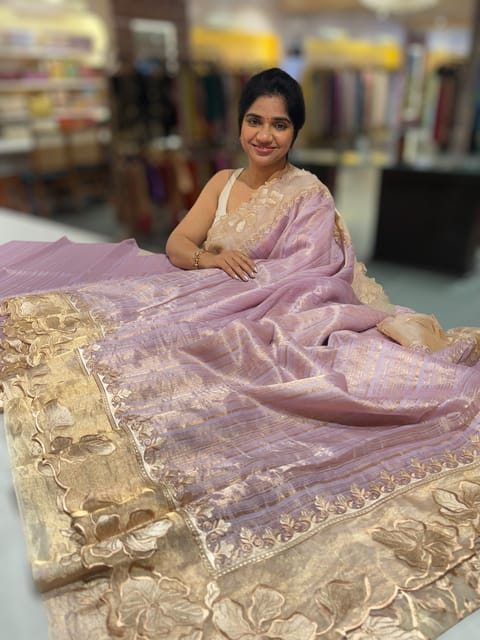 Lilac Mul Tissue Stripes Saree with Tissue Cutwork Border & Blouse