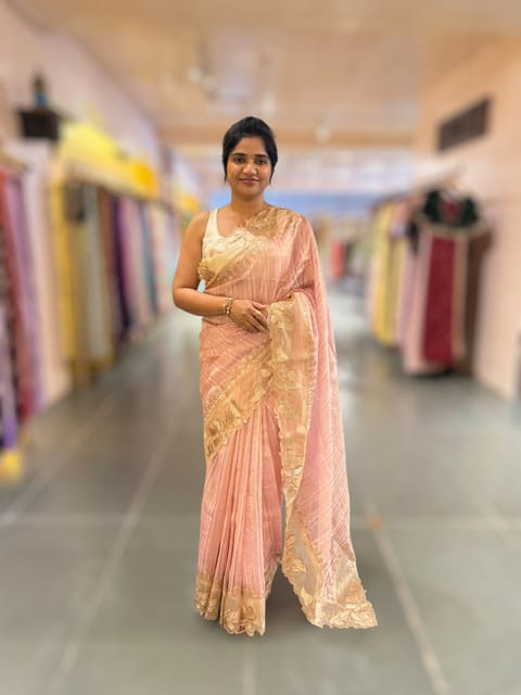Pastel Pink Mul Tissue Stripes Saree with Tissue Cutwork Border & Blouse