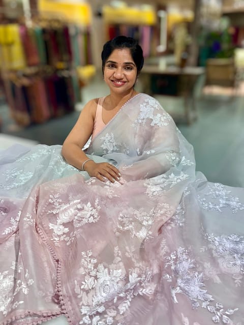 Pure Muslin Ombre Dyed Saree with Allover Embroidery