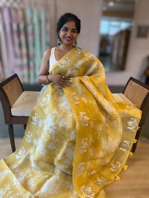 Yellow Floral Printed Pure Organza Saree with Birds Embroidered Motif Border