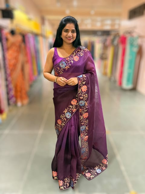 Wine Organza Saree with Patan Patola Inspired Embroidery