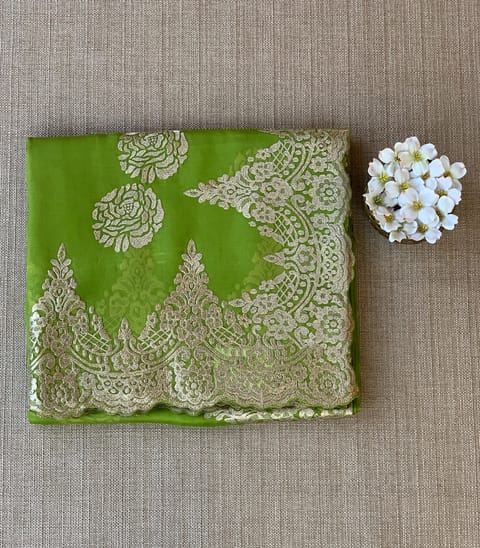 Neon Green Organza with Chantilly Lace Embroidery