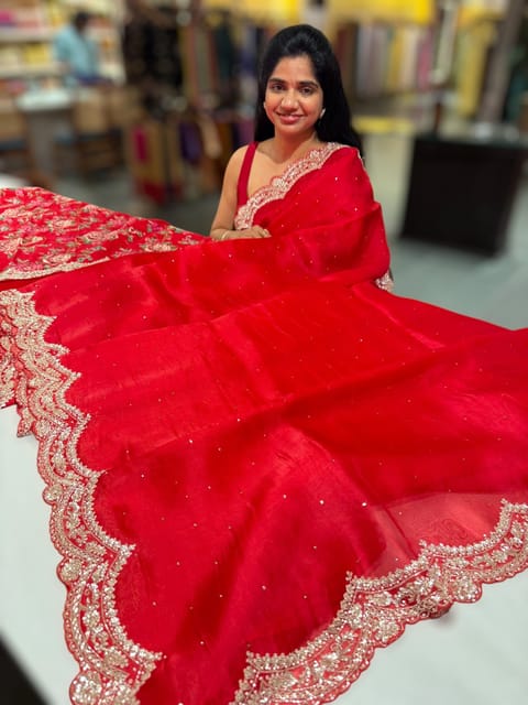 Chilli Red Pure Organza Handwork Saree with Heavy Designer Blouse
