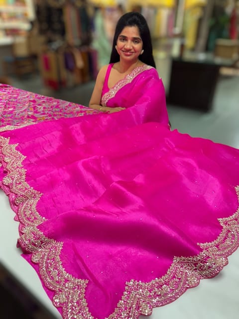 Fuchsia Pink Pure Organza Handwork Saree with Heavy Blouse