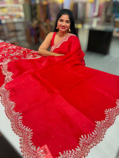 Red Pure Organza Handwork Saree with Heavy Designer Blouse