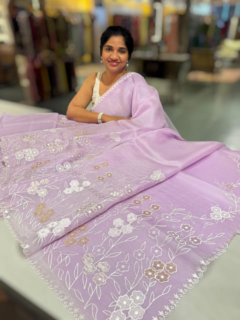 Lilac Organza Saree with Tissue Applique Work
