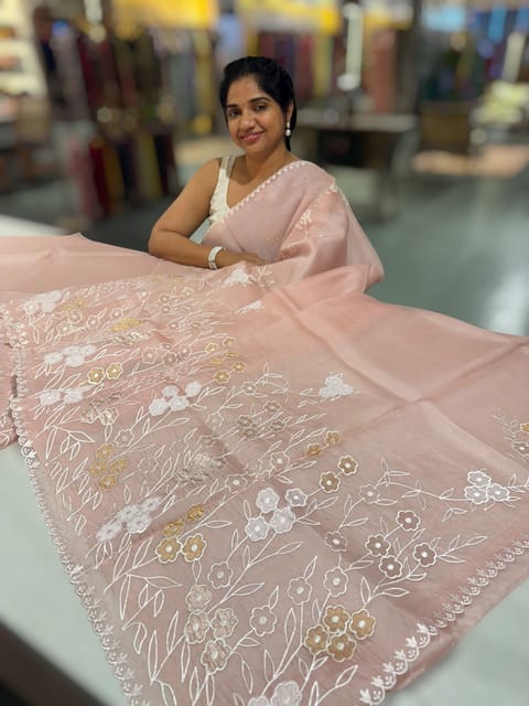 Dusty Pink Organza Saree with Tissue Applique Work