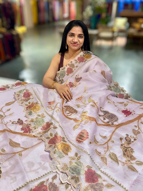 Lilac Pure Organza Applique Work Saree
