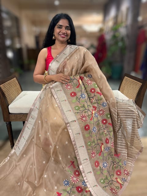 Pastel English Brown Organza Silk Saree with Jamdani Inspired Embroidery