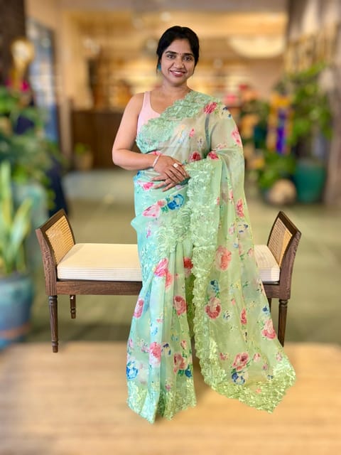 Mint Floral Printed Organza Saree with Chantilly Lace Style Embroidered Border