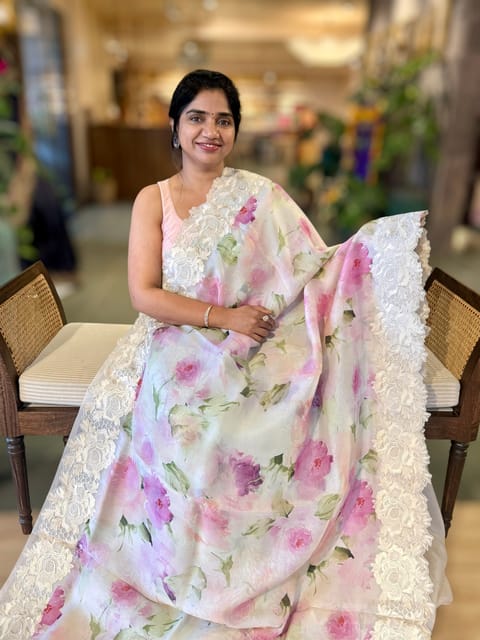 Ivory Printed Organza Saree with Chantilly Lace Style Embroidered Border