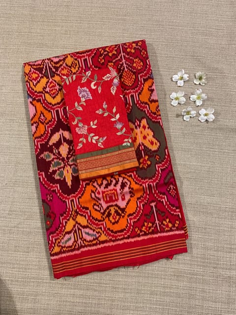 Orange , Red & Yellow Combo Pure Patan Patola Saree with Allover Creeper Design