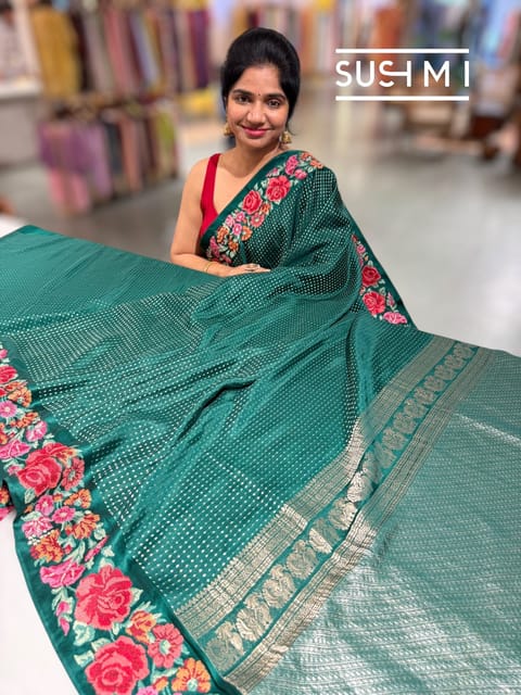 Bottle Green Mysore Silk Saree with Petit Point Border