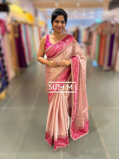 Pastel Pink Banarasi Tissue Saree with Meenakari Border