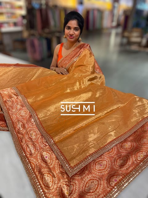 Rust Orange Fusion Banarasi Tissue Saree