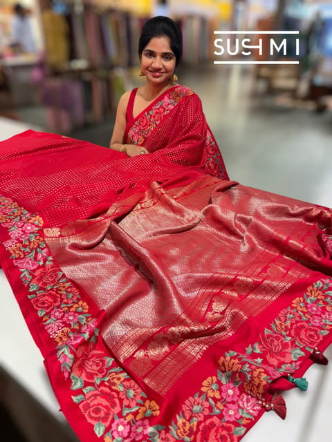 Chilli Red Mysore Silk Saree with Petit Point Embroidery