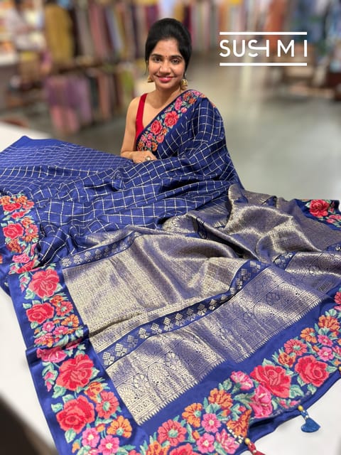 Midnight Blue Mysore Silk Saree with Embroidery