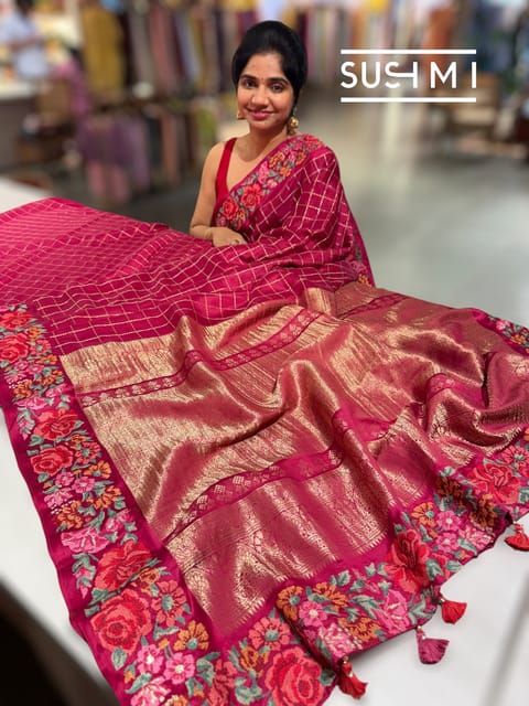 Ruby Pink Mysore Silk Saree with Zari Checks