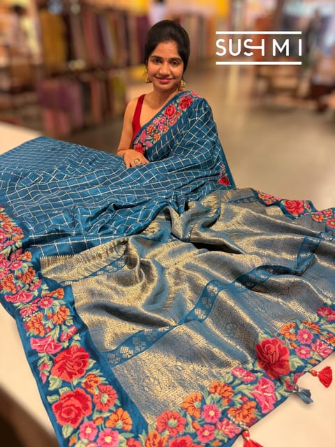 Peacock Blue Mysore Silk Saree with Embroidered Border