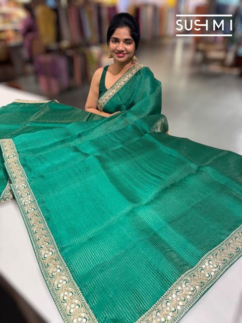 Emerald Green Organza Saree with Zari Border