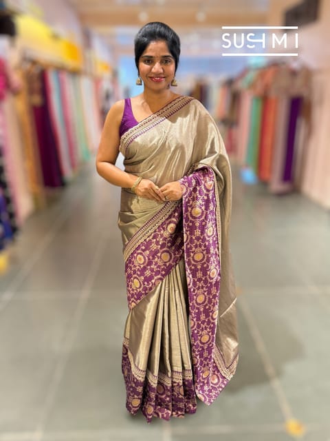 Silver Banarasi Tissue Saree with Brinjal Border