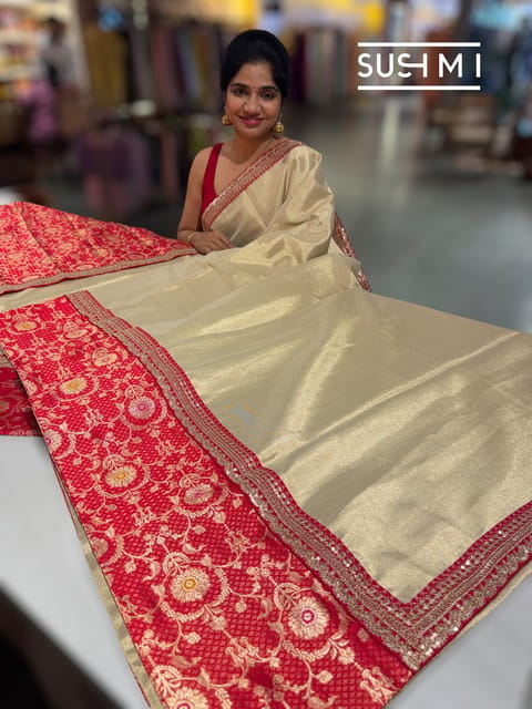 Muted Gold Banarasi Tissue Saree with Meenakari Border