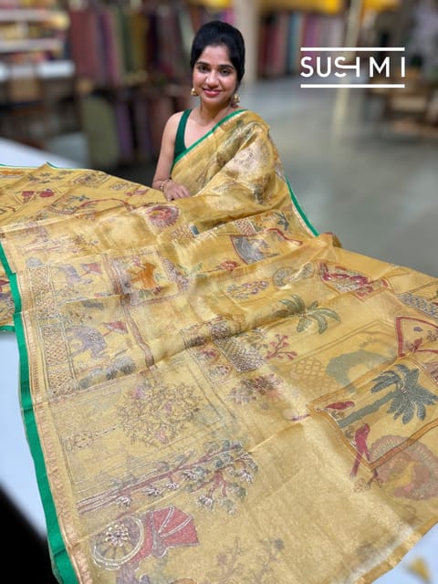 Golden Yellow Banarasi Printed Tissue Saree with Handwork