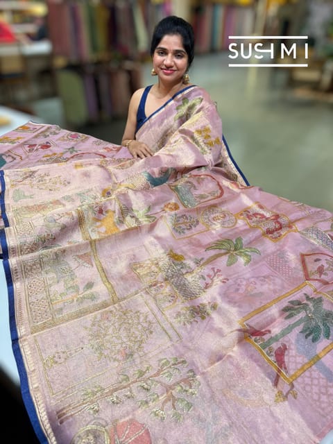 Pastel Pink Banarasi Printed Tissue Saree with Handwork